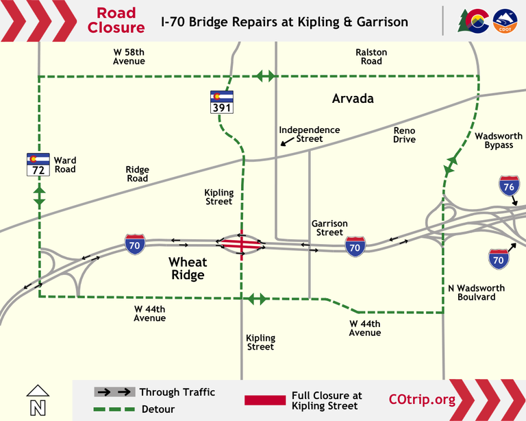 Map showing the I-70 and Kipling Street (CO 391) interchange in Wheat Ridge. The map highlights the westbound on-ramp closure and eastbound off-ramp closure. The map includes the detour routes for each ramp closure.