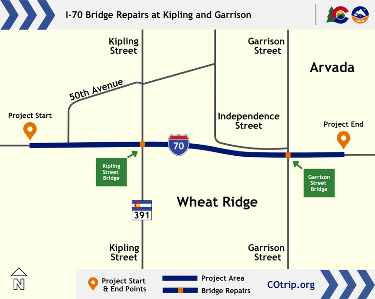 Project location map for the I-70 Bridge Repairs at Kipling Street and Garrison Street in Wheat Ridge (Mile Point 267 to 268)