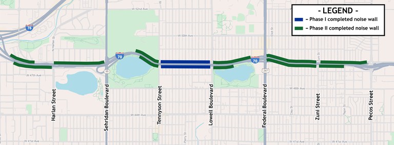 Map showing areas of completed noise wall replacements, including the first phase (marked in blue) and second phase (marked in green) sections.