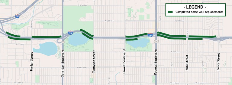 Map showing sections of completed noise walls, including Phase I (shown in blue) and Phase II (shown in green).