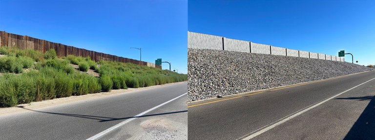 Before and after photos showing previous timber noise wall structures and new concrete replacements along I-70 in the project area.
