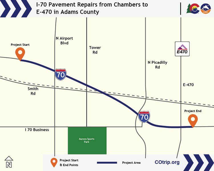 Map of the I-70 Pavement Repairs from Chambers to E-470 in Adams County project