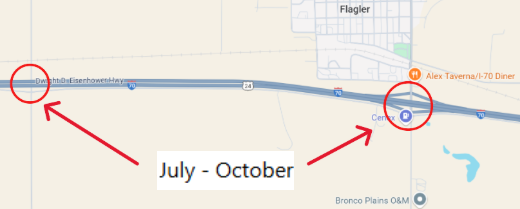 Map of I-70 Rural Bridge Rehabilitation project location for structure G-24-Z at CR3 & I-70 Frontage Road and structure G-24-Q at CR5 & Flagler exit Map of I-70 Rural Bridge Rehabilitation project location for structure G-24-Z at CR3 & I-70 Frontage Road and structure G-24-Q at CR5 & Flagler exit