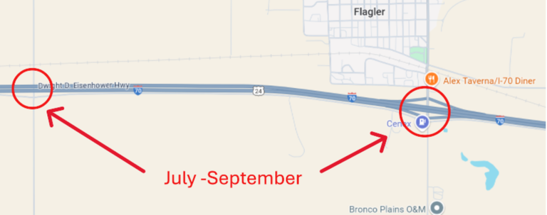 Map of I-70 Rural Bridge Rehabilitation project location for structure G-24-Z at CR3 & I-70 Frontage Road and structure G-24-Q at CR5 & Flagler exit