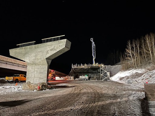 A bridge pier and abutment for the future westbound bridge at I-70 Mile Point 185