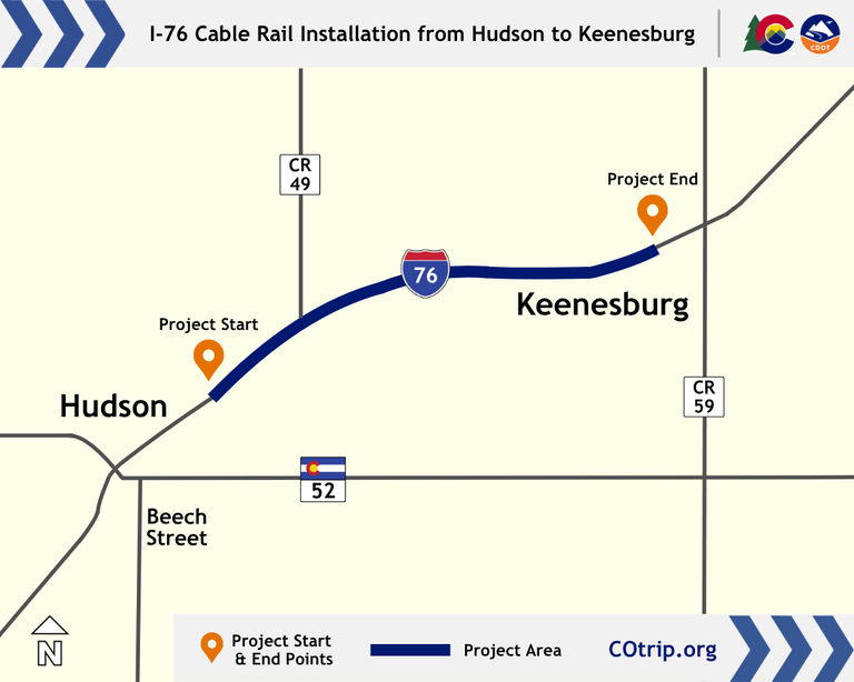 I-76 Cable Rail Installation from Hudson to Keenesburg project location map.