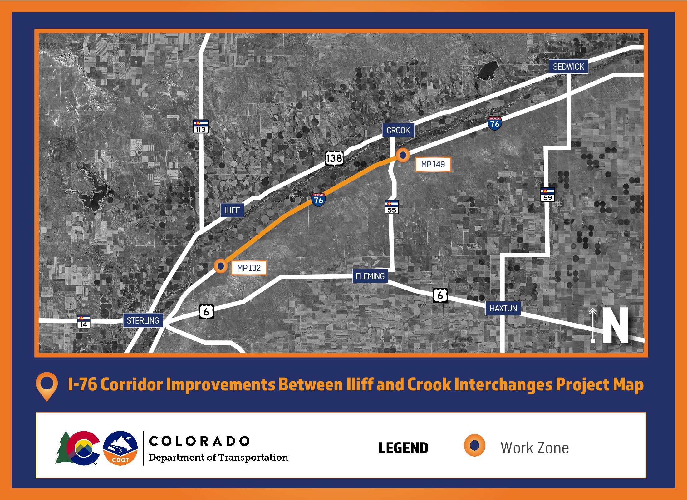 Project map - I-76 Between the Crook Interchange/EXIT 149 to Two Miles West of the Iliff Interchange/EXIT 134