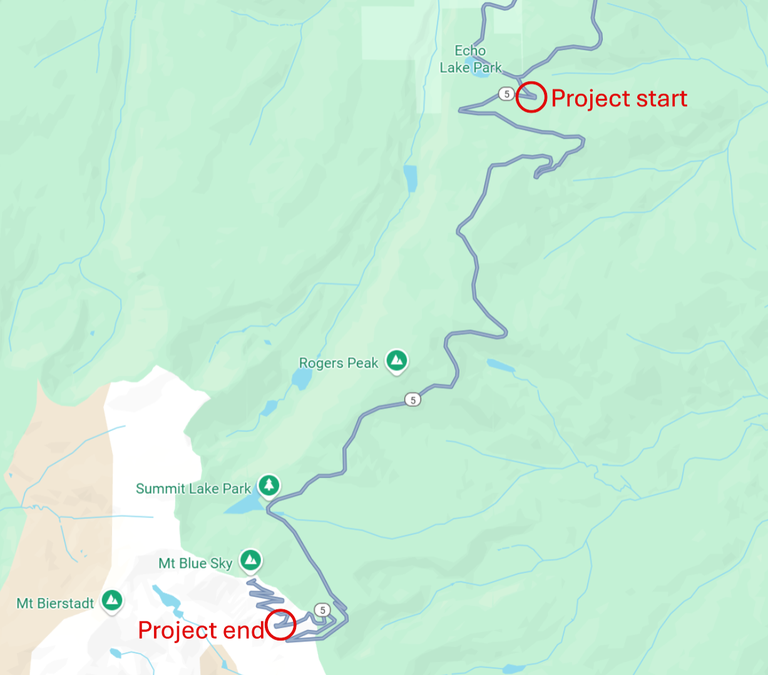Map of Culvert Rehabilitation project on CO 5, from CO 103, continuing south, ending at Mount Blue Sky Map of Culvert Rehabilitation project on CO 5, from CO 103, continuing south, ending at Mount Blue Sky