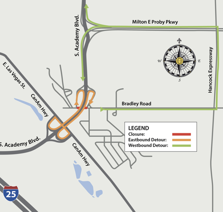 Bradley Road closure and detour map east and westbound