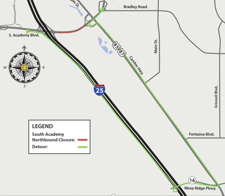 Detour map for overnight closures of northbound South Academy Boulevard between I-25 and US Highway 85/87 Detour map for overnight closures of northbound South Academy Boulevard between I-25 and US Highway 85/87