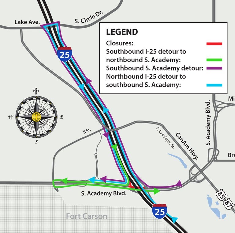 Detour map for closure of southbound South Academy Boulevard under I-25 and I-25 off ramp to northbound South Academy Boulevard Detour map for closure of southbound South Academy Boulevard under I-25 and I-25 off ramp to northbound South Academy Boulevard