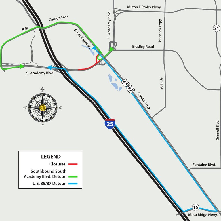 Detour map for closure of southbound South Academy Boulevard between US 85/87 and Coventry Drive Detour map for closure of southbound South Academy Boulevard between US 85/87 and Coventry Drive