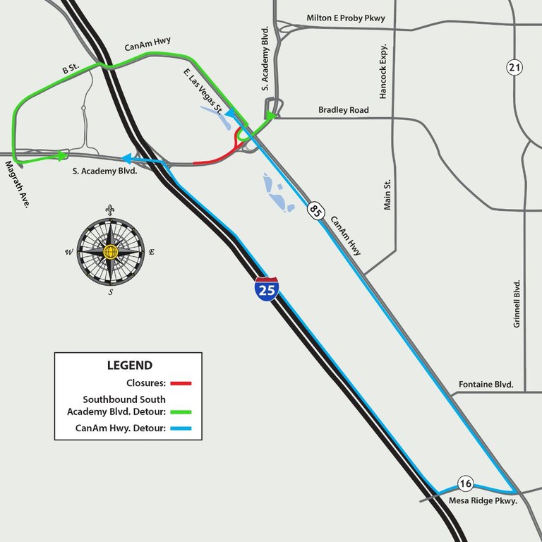 Detour map for full closure of southbound South Academy Boulevard between CO 85/87 and I-25