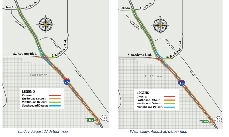 Southbound and northbound I-25 detour maps using on- and off-ramps