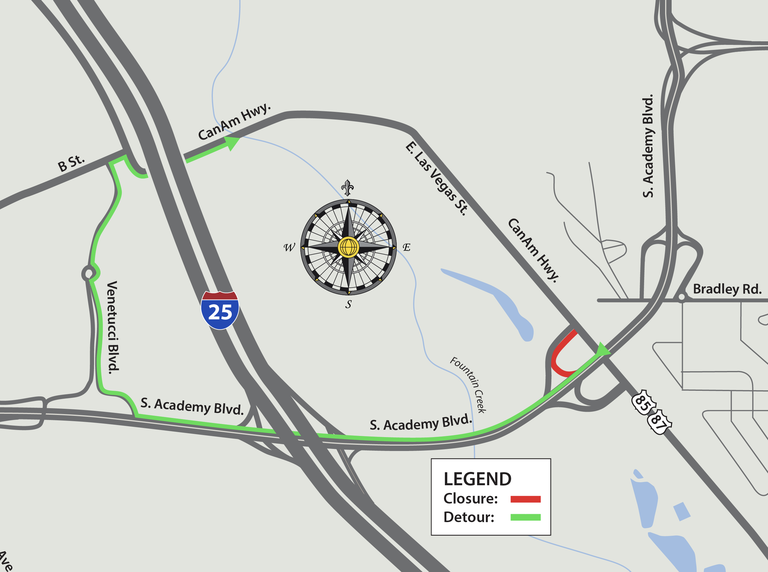 Detour map for the temporary full closure of the southbound South Academy Boulevard off-ramp to US 85/87. Detour map for the temporary full closure of the southbound South Academy Boulevard off-ramp to US 85/87.