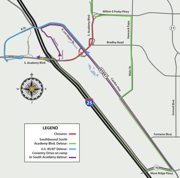 Detour map for closure of southbound South Academy Boulevard between Milton Proby Parkway and Hartford Street Detour map for closure of southbound South Academy Boulevard between Milton Proby Parkway and Hartford Street
