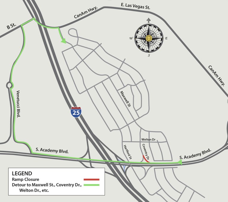 Detour map for closure at southbound South Academy Boulevard off-ramp to Coventry Drive Detour map for closure at southbound South Academy Boulevard off-ramp to Coventry Drive