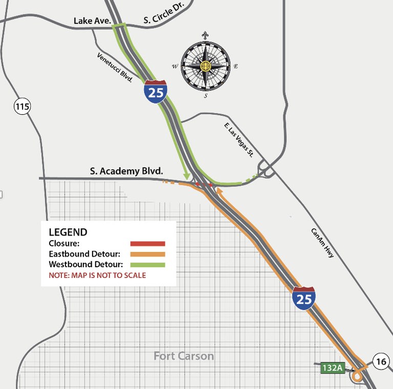Detour for South Academy Boulevard bridge work over I-25 project map for 032424