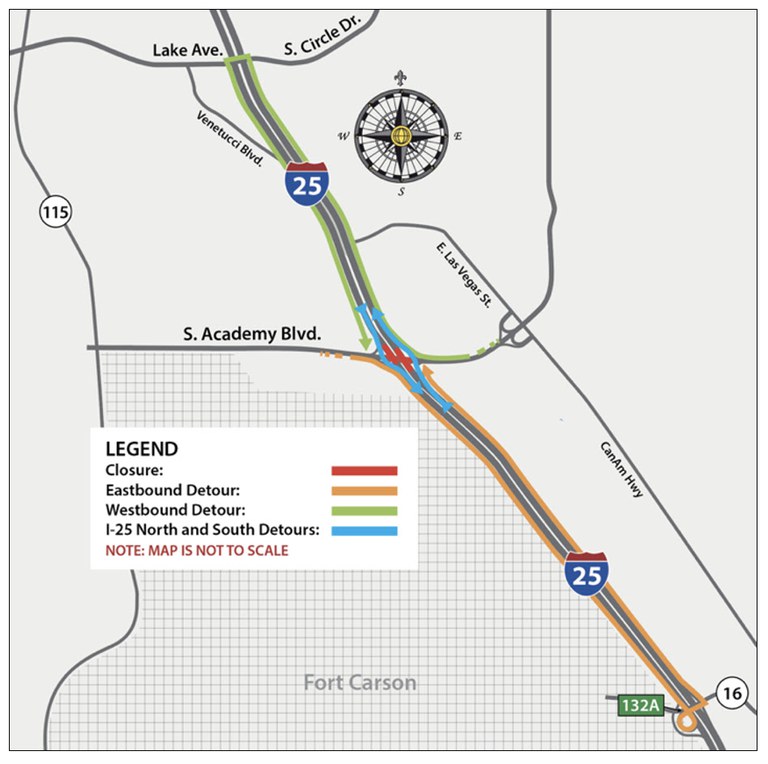 Detour for South Academy Boulevard bridge work over I-25 project map