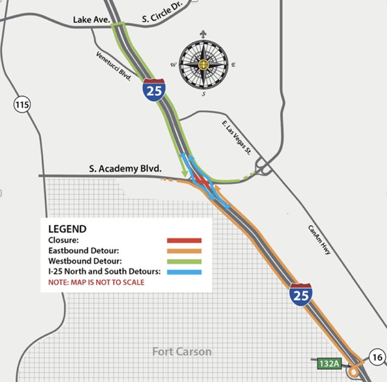 Detour for South Academy Boulevard bridge work over I-25 map for March 29, 2024