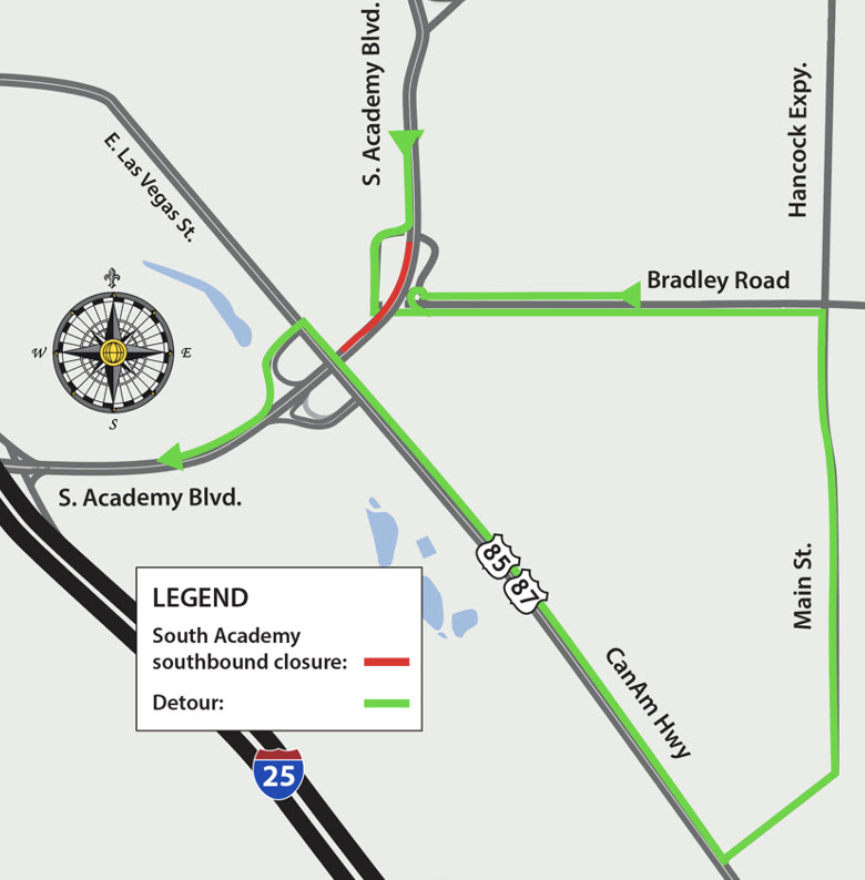 Detour map for closure at southbound South Academy Boulevard between Bradley Road and US 858.jpg detail image