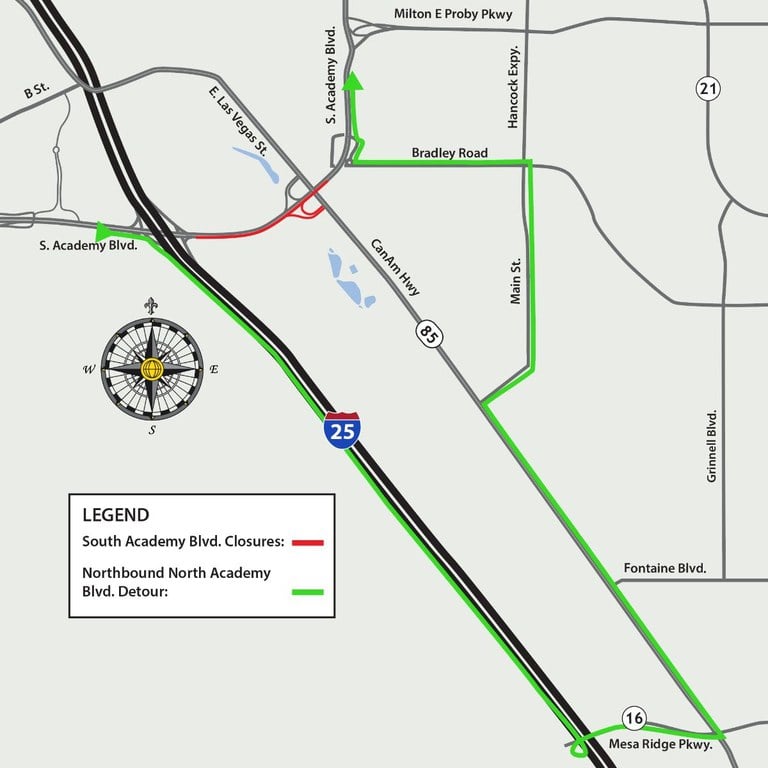 Detour map for closure of South Academy Boulevard between CanAm Highway (CO 85/87) and I-25 Detour map for closure of South Academy Boulevard between CanAm Highway (CO 85/87) and I-25