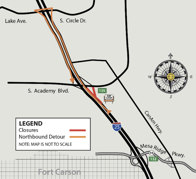 Detour map for I-25 off-ramp closure at South Academy Boulevard