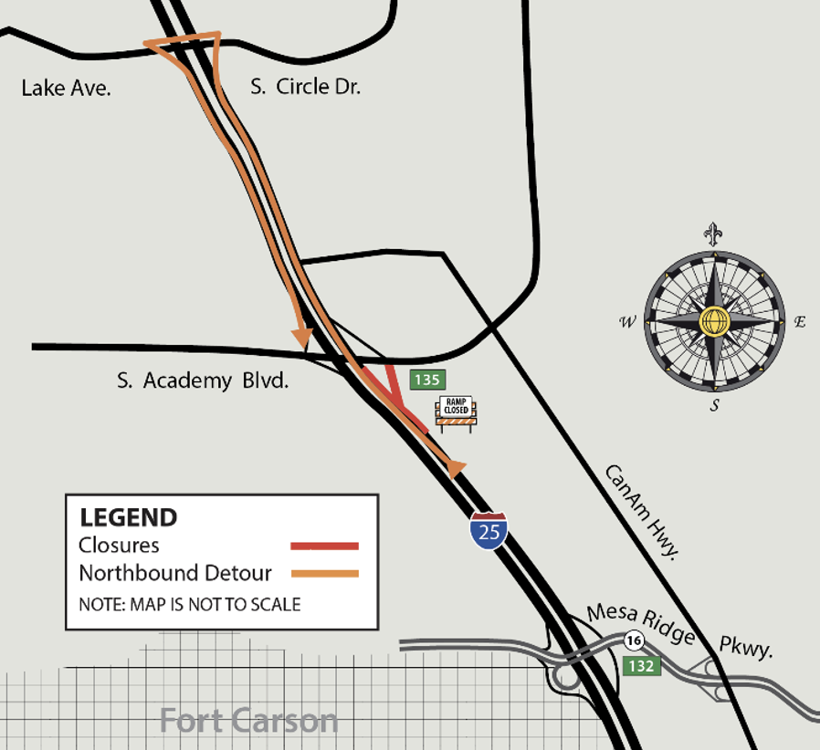Detour map for I-25 off-ramp closure at South Academy Boulevard.png detail image