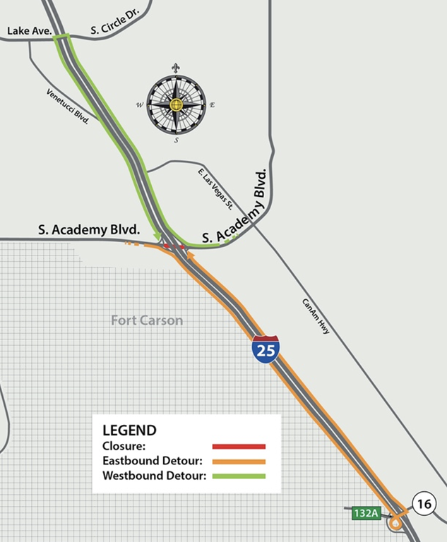 Detour map for South Academy Boulevard closures