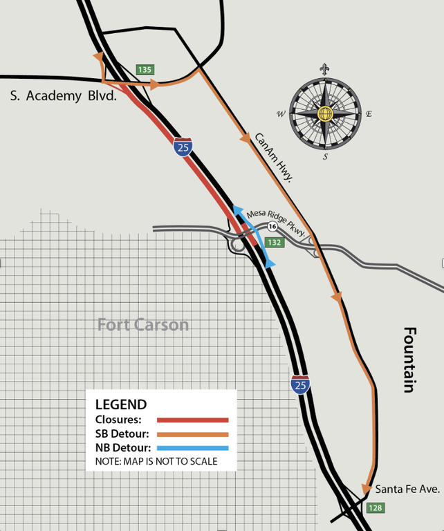 Detour Map for Southbound I-25 Closure