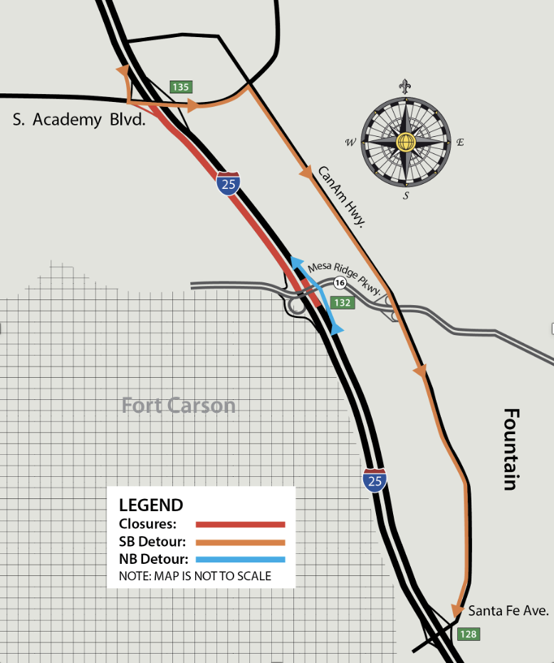 Detour Map for Southbound I25 Closure north of the CO 16 and Fort Carson Gate 20 Interchange May 23 detail image