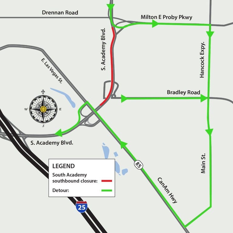 Detour map of full closure of southbound South Academy Boulevard between Milton Proby Parkway and the CanAm Highway Detour map of full closure of southbound South Academy Boulevard between Milton Proby Parkway and the CanAm Highway