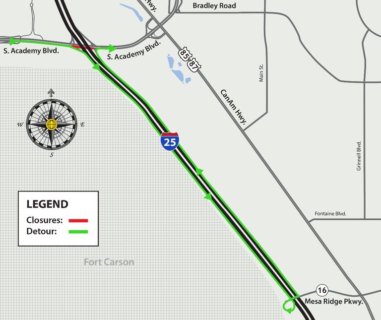 Detour map for northbound South Academy Boulevard closure under Interstate 25 Detour map for northbound South Academy Boulevard closure under Interstate 25