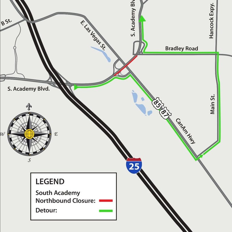 Detour map of closure of northbound South Academy Boulevard between the CanAm Highway (CO 85/87) and Bradley Road Detour map of closure of northbound South Academy Boulevard between the CanAm Highway (CO 85/87) and Bradley Road