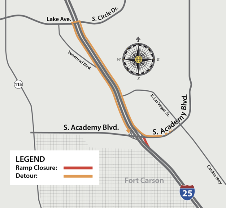 Detour map of temporary closure of the northbound I-25 off-ramp at South Academy Boulevard
