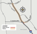 Detour map of temporary closure of the northbound I-25 off-ramp at South Academy Boulevard..png thumbnail image