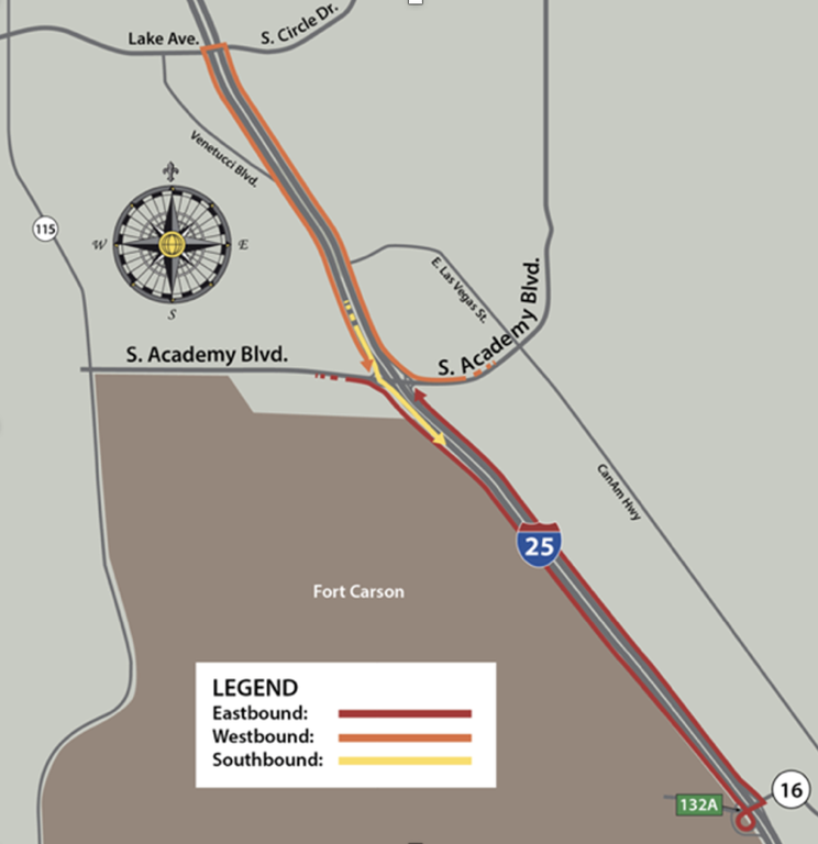 Detour map of temporary closure of the South Academy Boulevard under I-25