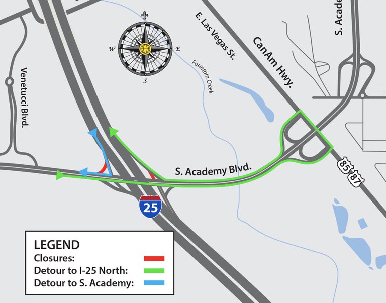 Detour map for ramp closures at South Academy Boulevard and I-25 Detour map for ramp closures at South Academy Boulevard and I-25