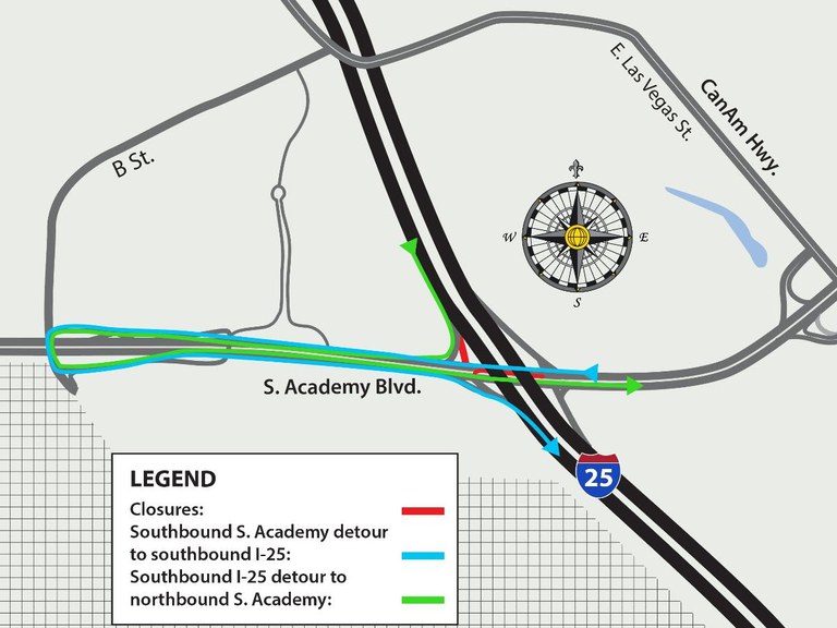 Detour map for southbound I-25 off-ramp closure at South Academy Boulevard Detour map for southbound I-25 off-ramp closure at South Academy Boulevard