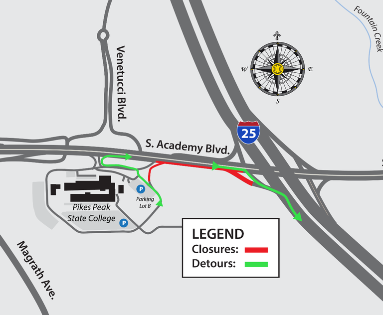 Detour map for northbound South Academy Boulevard right lane closure between Venetucci Boulevard and Interstate 25 Detour map for northbound South Academy Boulevard right lane closure between Venetucci Boulevard and Interstate 25