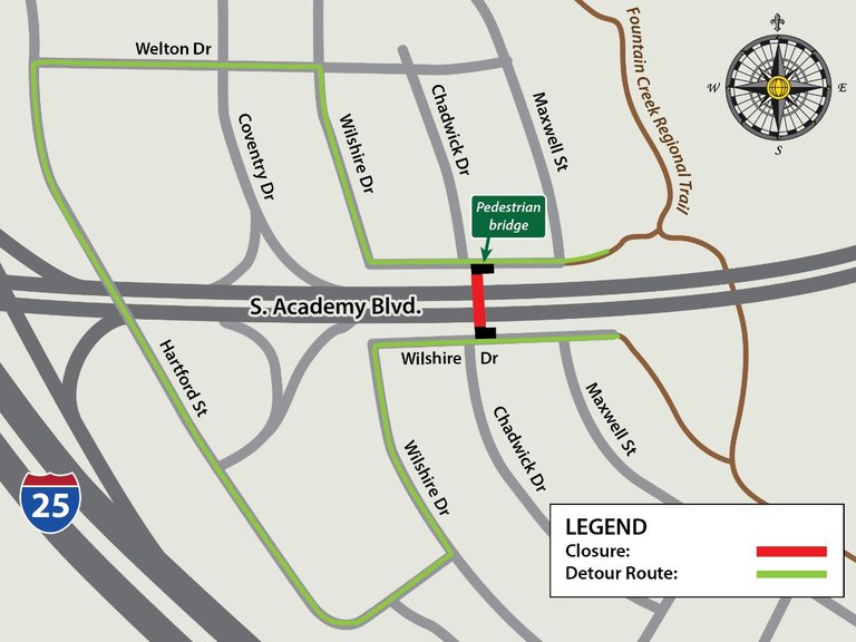 Detour map for South Academy Boulevard pedestrian bridge closure