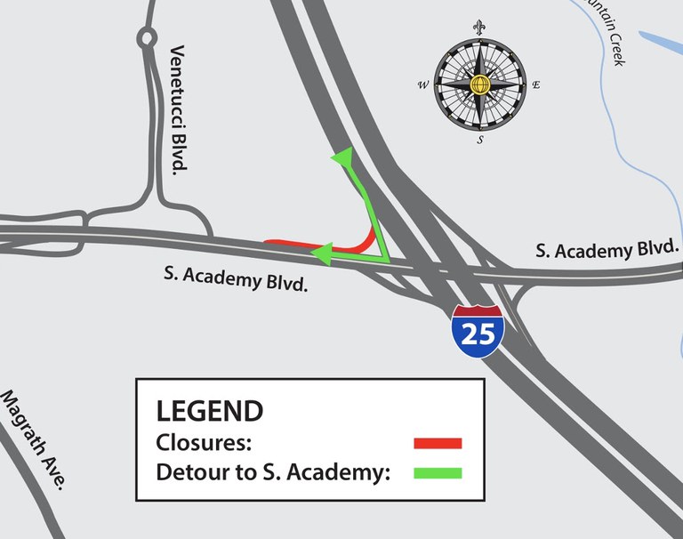 Detour map for full closure of the southbound I-25 off-ramp to westbound South Academy Boulevard Detour map for full closure of the southbound I-25 off-ramp to westbound South Academy Boulevard