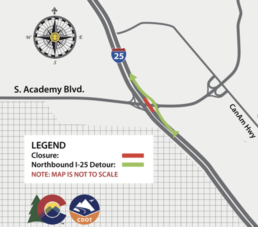 Detour map to re-route traffic on northbound I-25 using South Academy ...