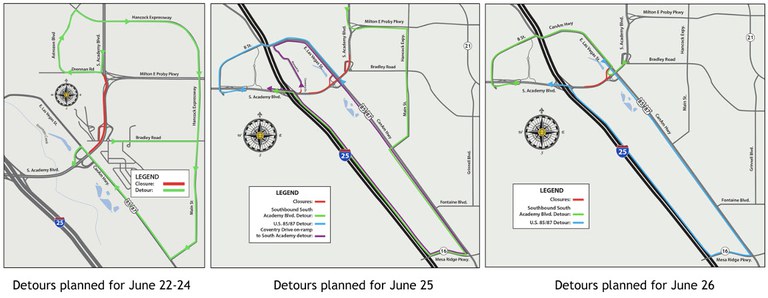 Detour maps for closures on South Academy Boulevard for the week of June 22. Detour maps for closures on South Academy Boulevard for the week of June 22.