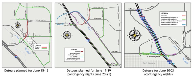 Detour maps for closures on South Academy Boulevard for the week of June 15. Detour maps for closures on South Academy Boulevard for the week of June 15.
