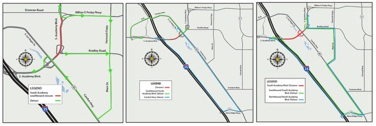 Detour maps for overnight temporary full closure of South Academy Boulevard between I-25 and Milton Proby Parkway Detour maps for overnight temporary full closure of South Academy Boulevard between I-25 and Milton Proby Parkway