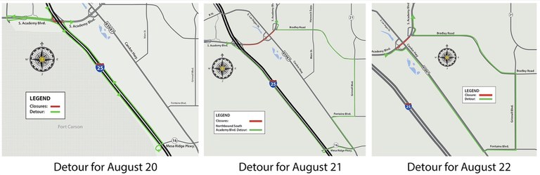 Detour maps for northbound South Academy Boulevard closures for week of Aug. 17