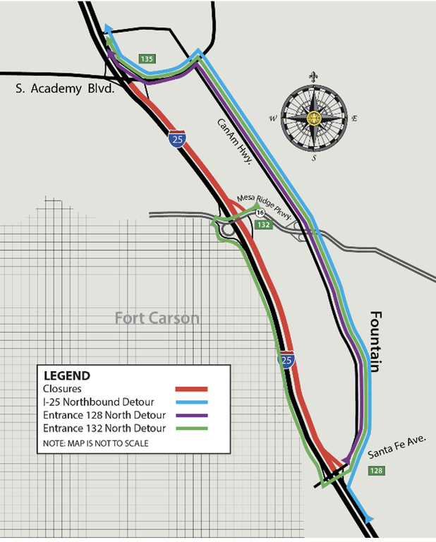 Detour route for northbound I-25 closure