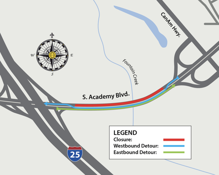 Detour route for westbound South Academy Boulevard between US 85 and I-25