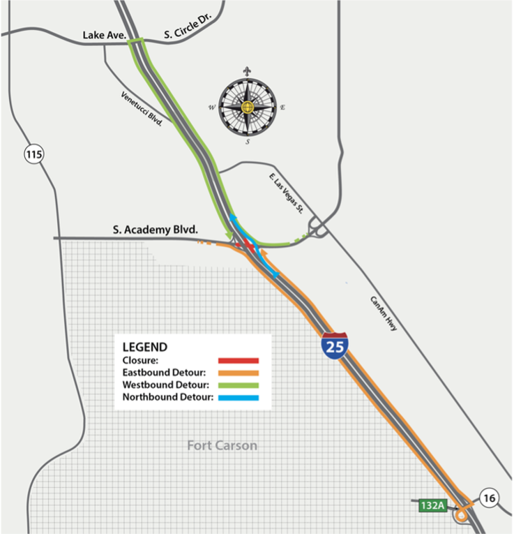 Detour Map of East- and Westbound South Academy Boulevard on I-25